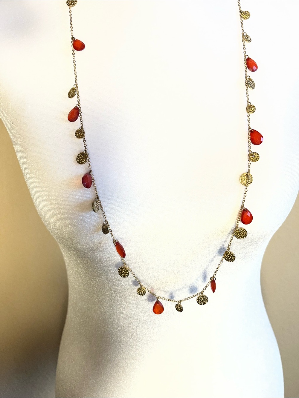 Delicate Gold Necklace with Red Teardrop Accents